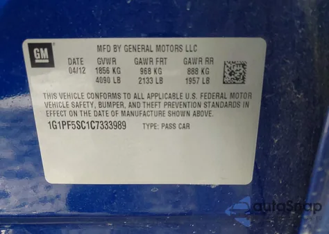 2012 Chevrolet Cruze 1Lt z USA, uszkodzony, nr VIN 1G1PF5SC1C7333989